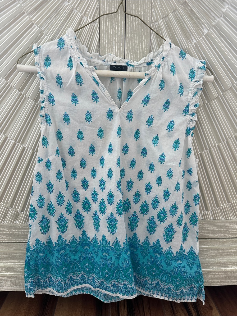 Talbots White Sleeveless Top with Teal Botanical Border